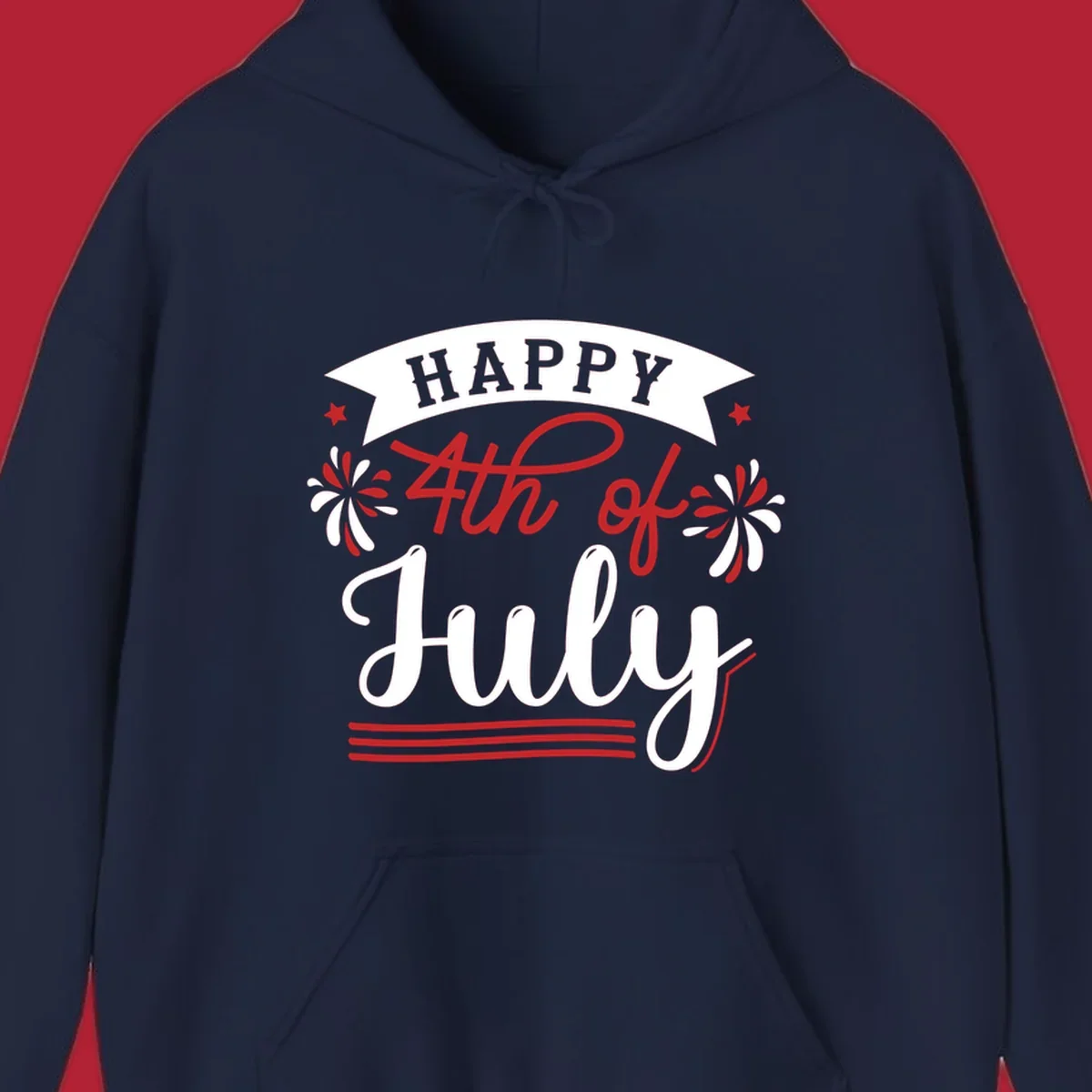 A festive "Happy 4th of July" design with a banner, stars, and fireworks, celebrating independence day.