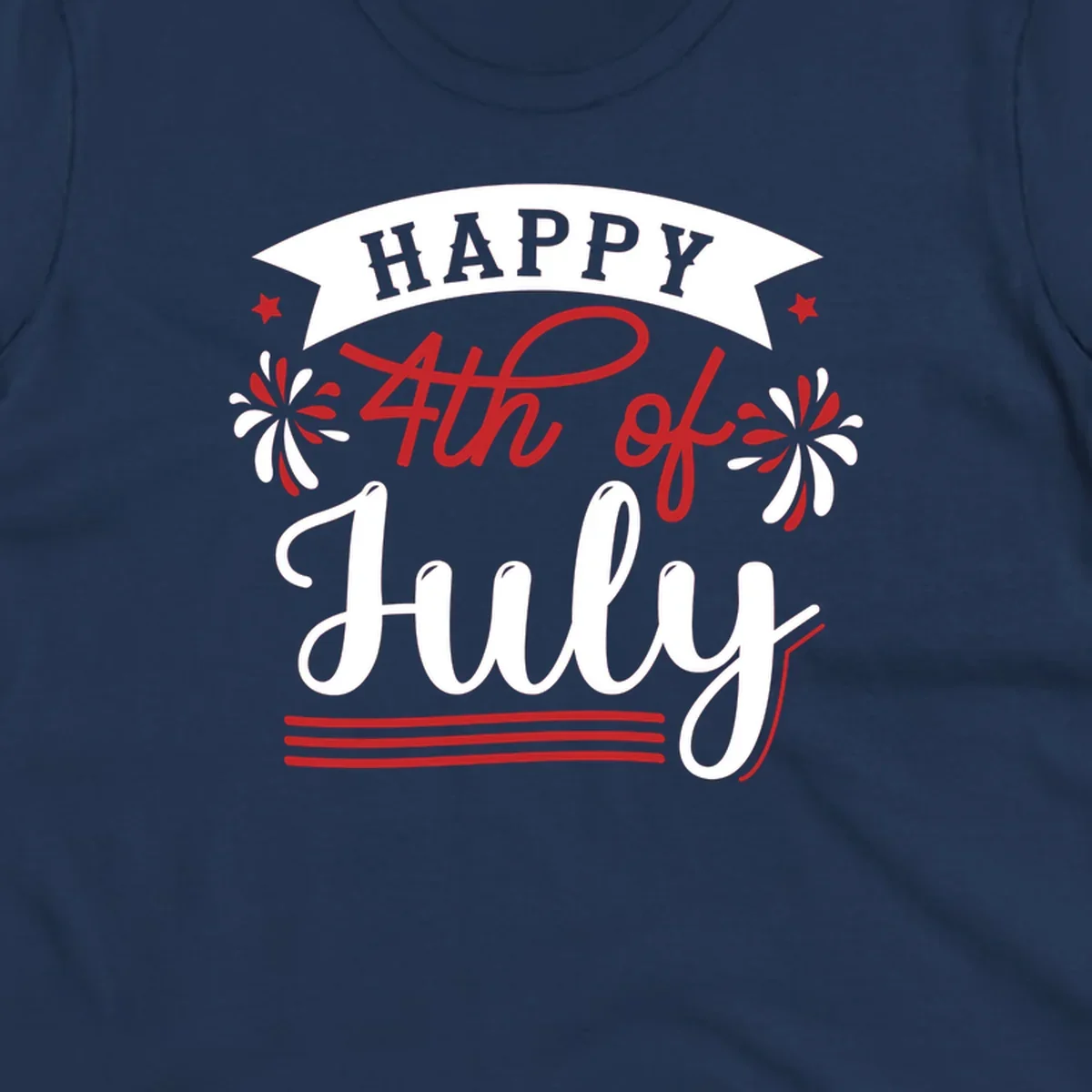 A festive "Happy 4th of July" design with a banner, stars, and fireworks, celebrating independence day.