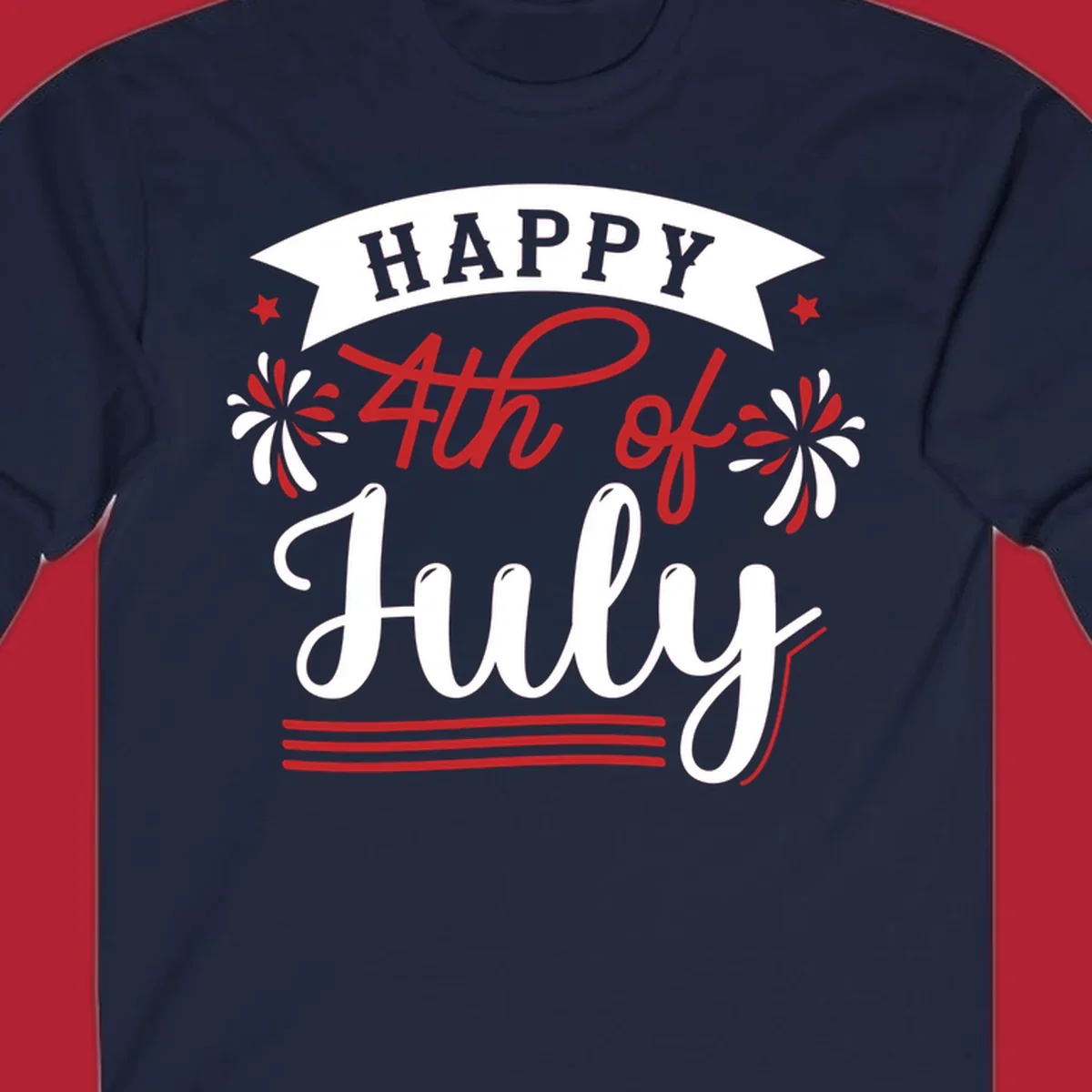 A festive "Happy 4th of July" design with a banner, stars, and fireworks, celebrating independence day.