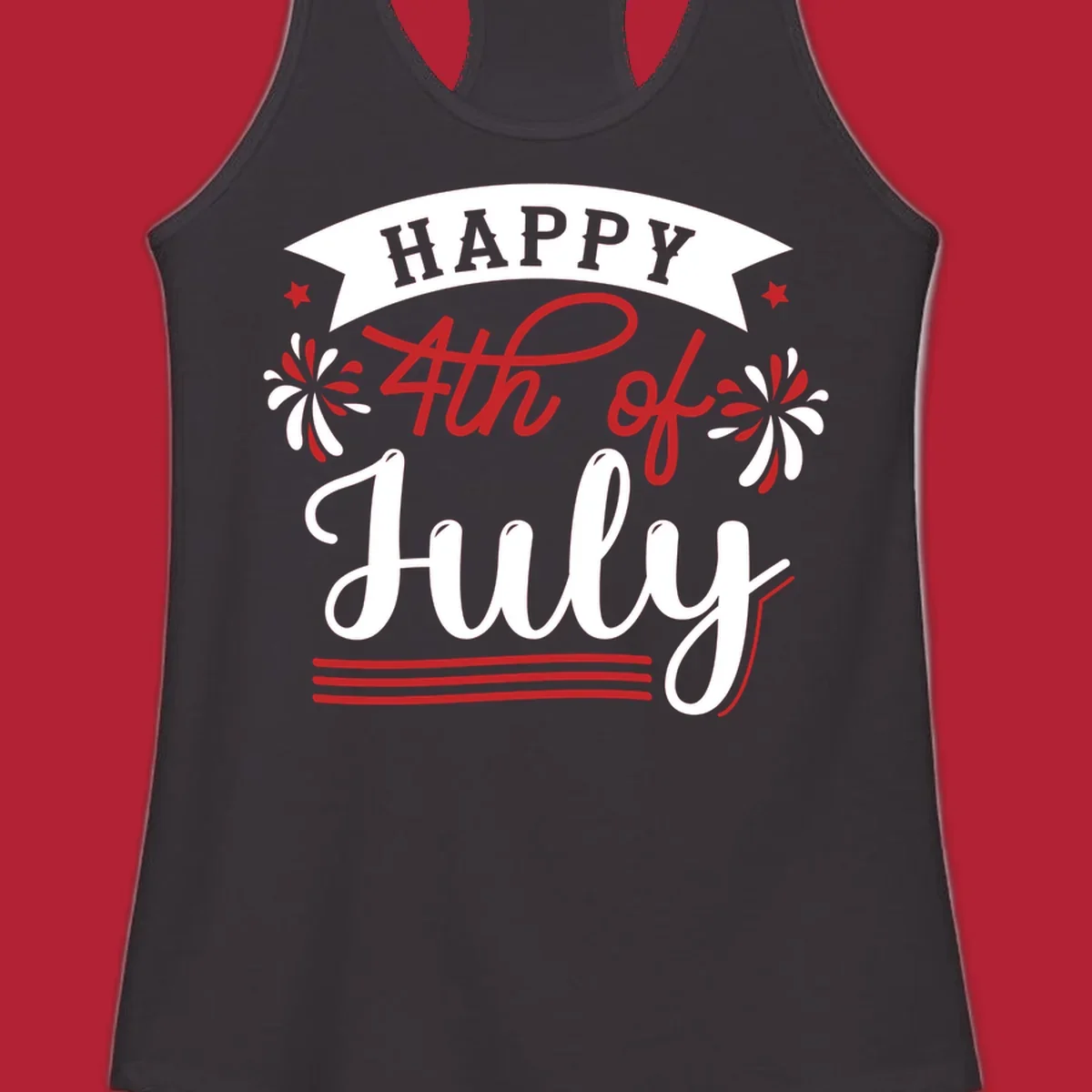 A festive "Happy 4th of July" design with a banner, stars, and fireworks, celebrating independence day.