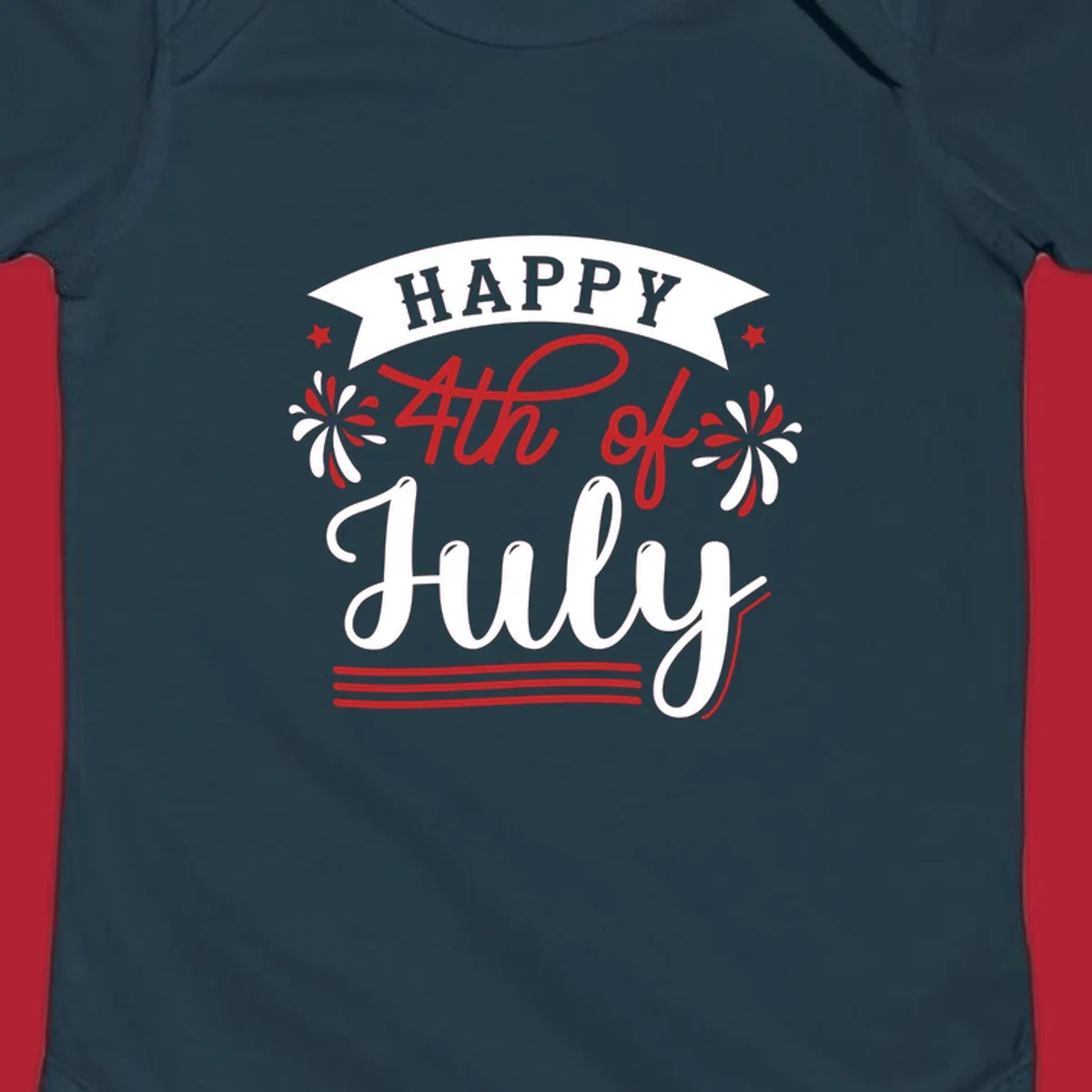 A festive "Happy 4th of July" design with a banner, stars, and fireworks, celebrating independence day.