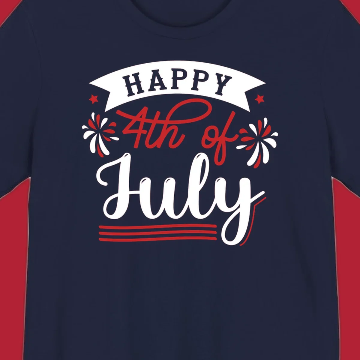 A festive "Happy 4th of July" design with a banner, stars, and fireworks, celebrating independence day.
