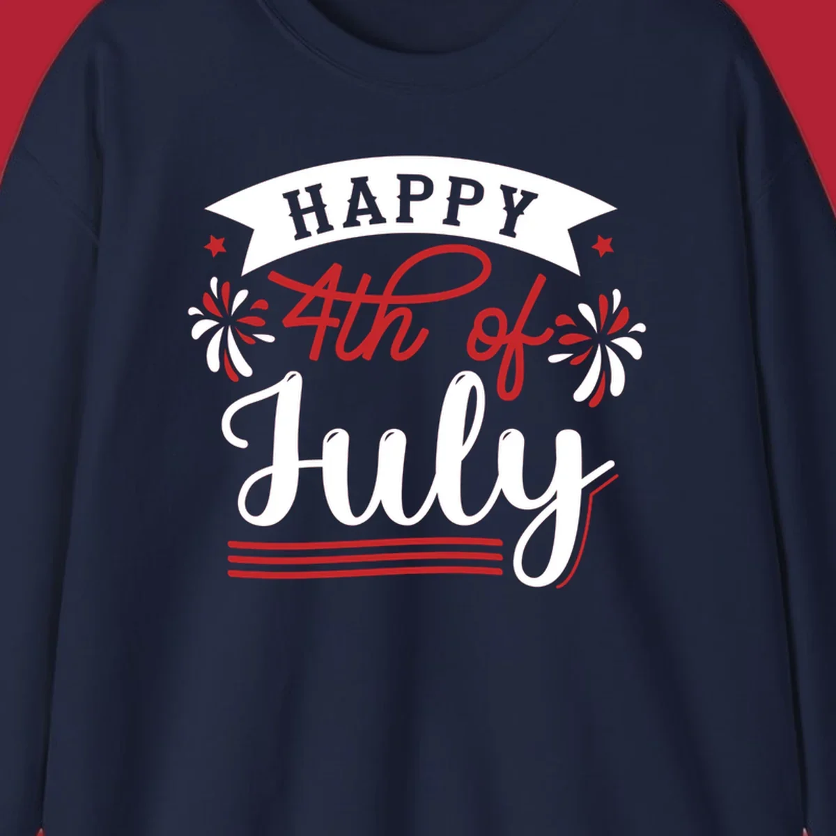 A festive "Happy 4th of July" design with a banner, stars, and fireworks, celebrating independence day.