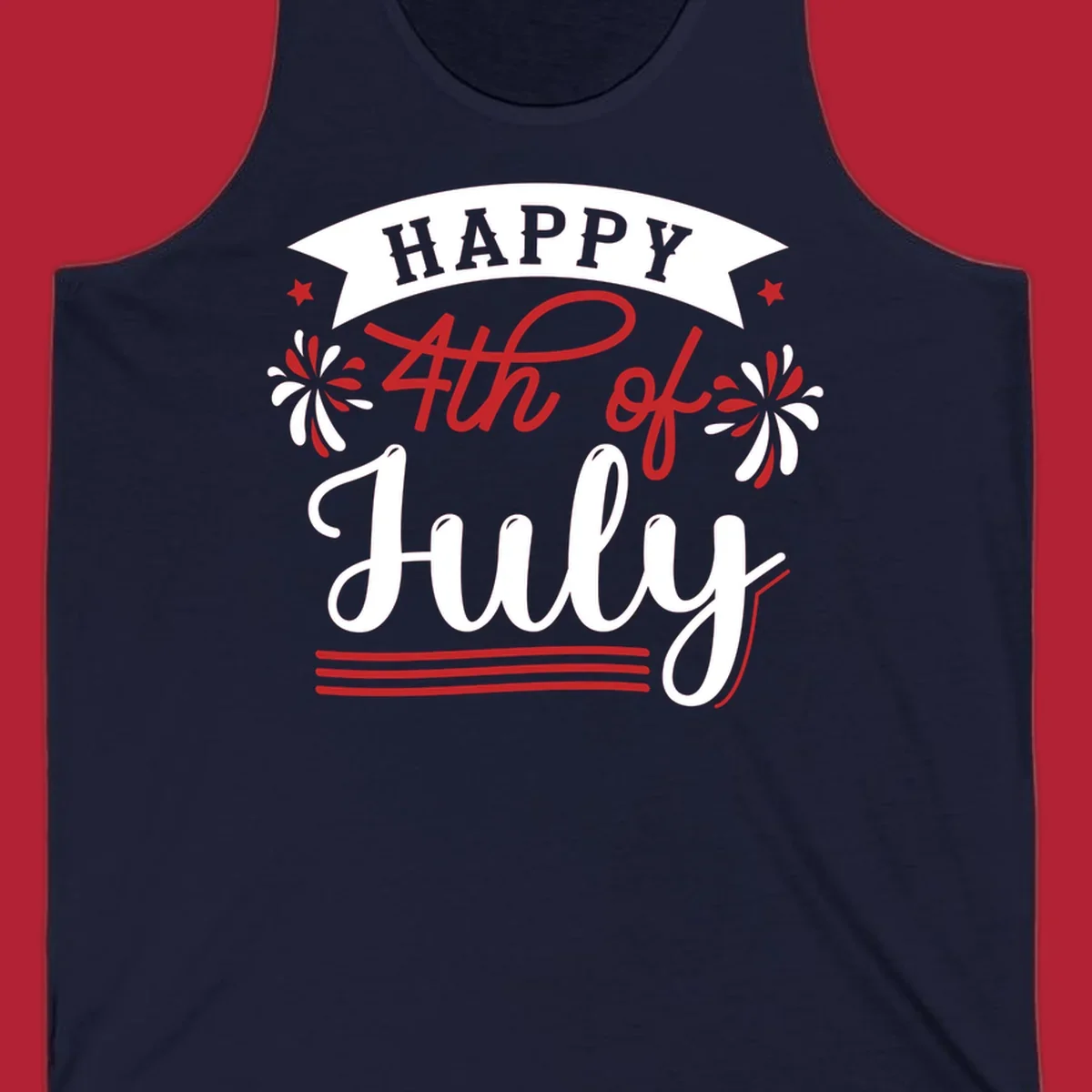 A festive "Happy 4th of July" design with a banner, stars, and fireworks, celebrating independence day.