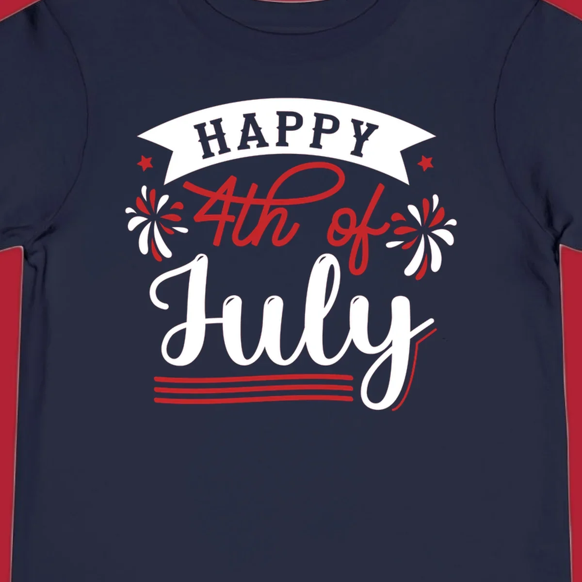 A festive "Happy 4th of July" design with a banner, stars, and fireworks, celebrating independence day.