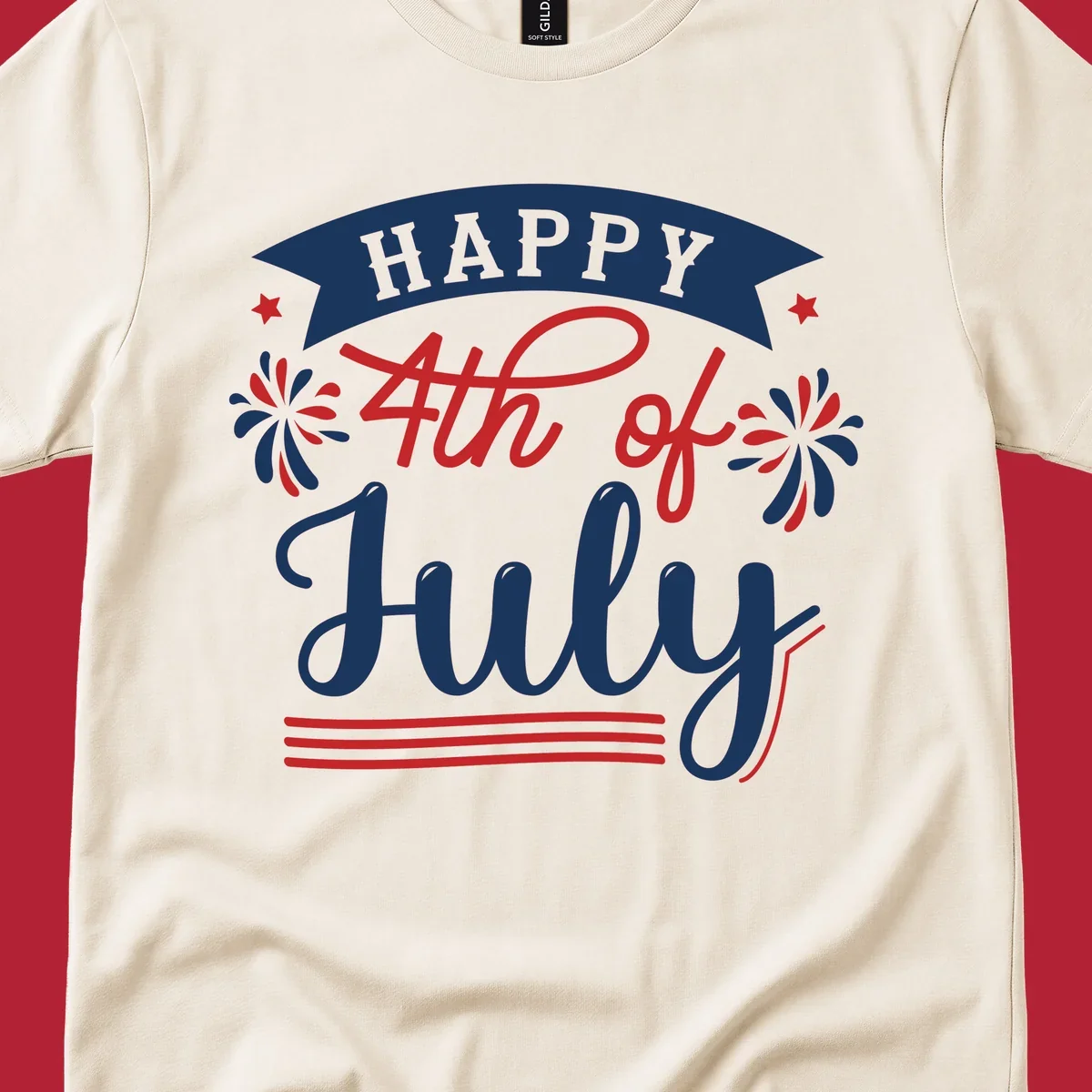 A festive "Happy 4th of July" design with a banner, stars, and fireworks, celebrating independence day.