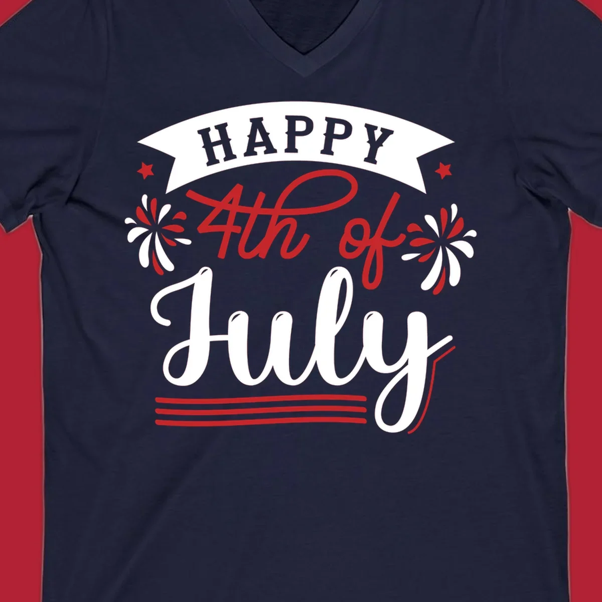 A festive "Happy 4th of July" design with a banner, stars, and fireworks, celebrating independence day.