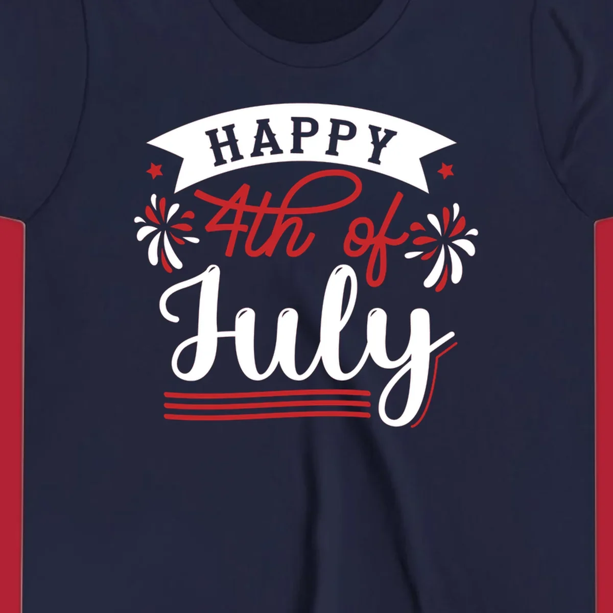 A festive "Happy 4th of July" design with a banner, stars, and fireworks, celebrating independence day.