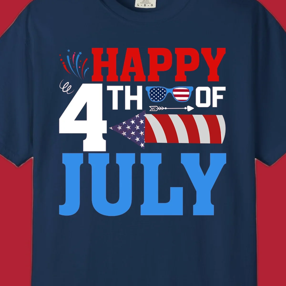 Happy 4th of July fireworks design with patriotic sunglasses and a firecracker rocket.