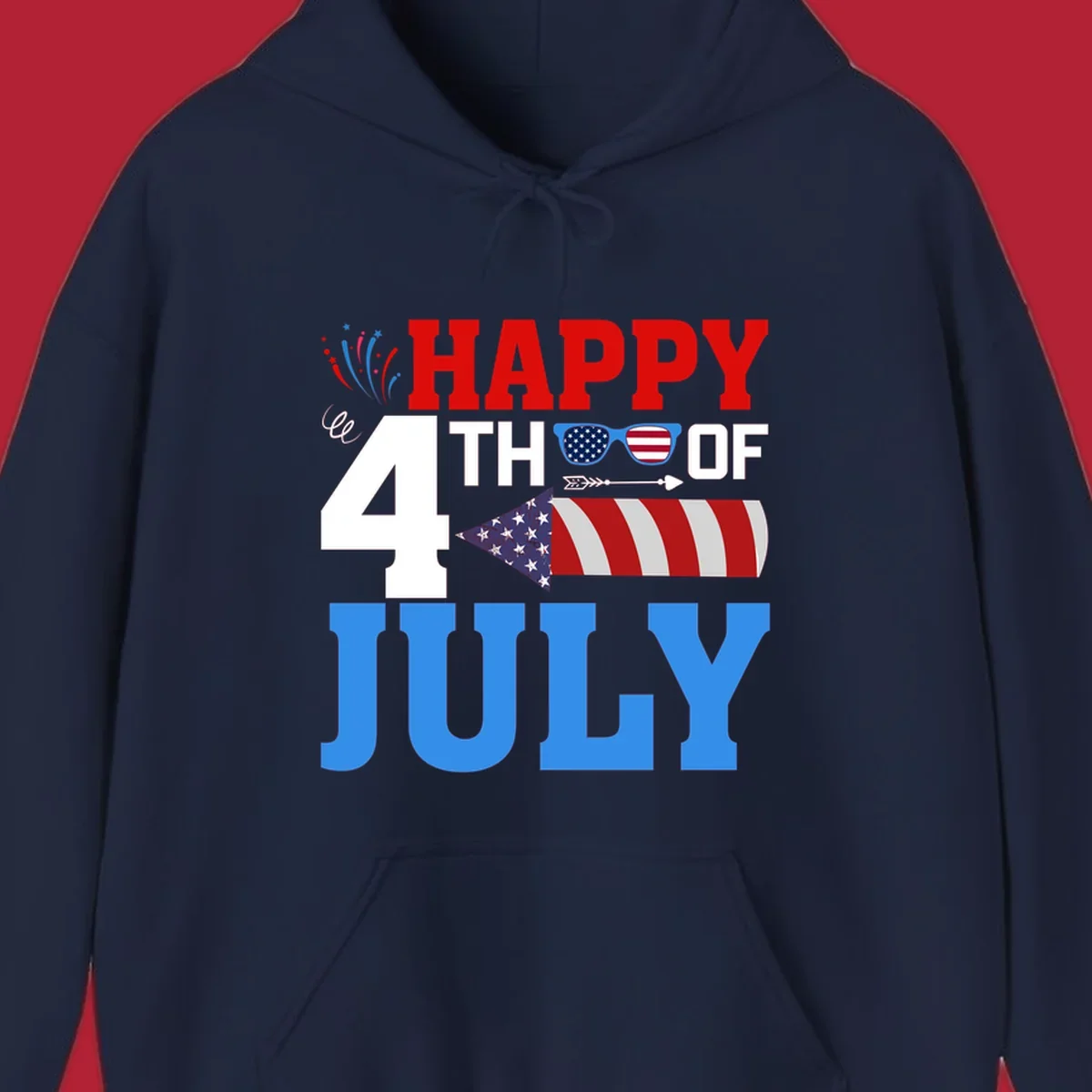 Happy 4th of July fireworks design with patriotic sunglasses and a firecracker rocket.