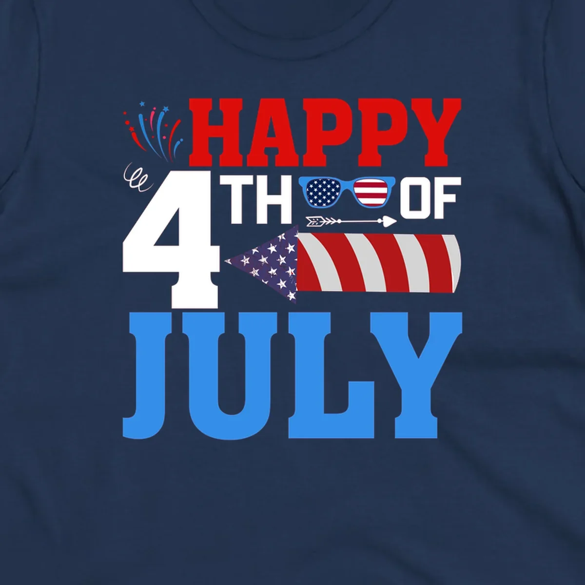 Happy 4th of July fireworks design with patriotic sunglasses and a firecracker rocket.