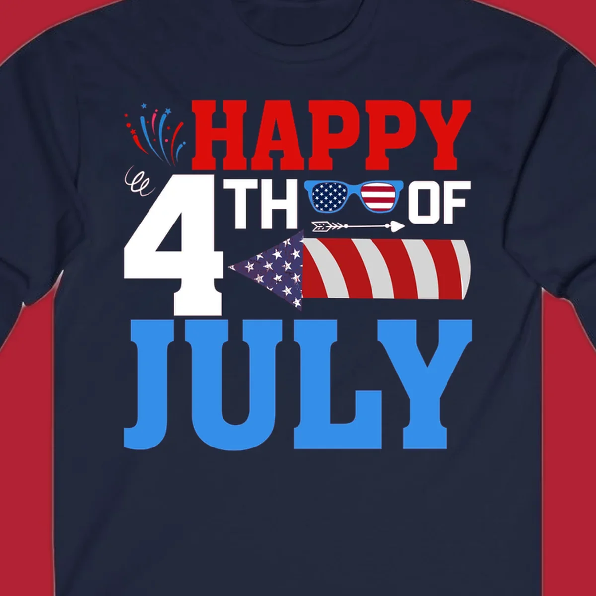 Happy 4th of July fireworks design with patriotic sunglasses and a firecracker rocket.