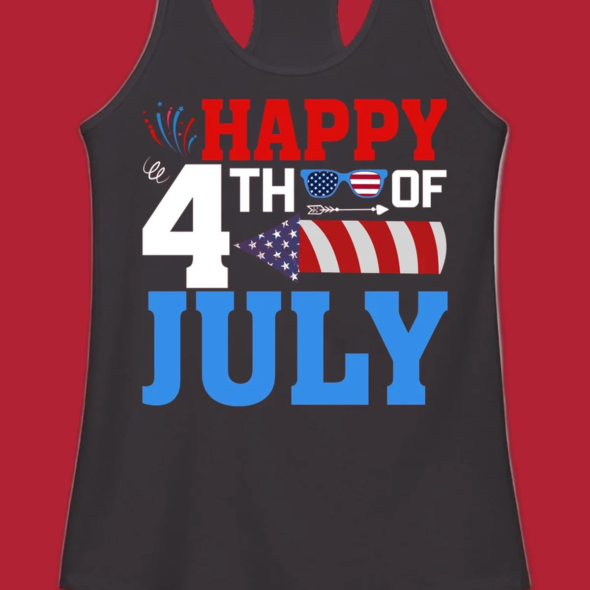 Happy 4th of July fireworks design with patriotic sunglasses and a firecracker rocket.