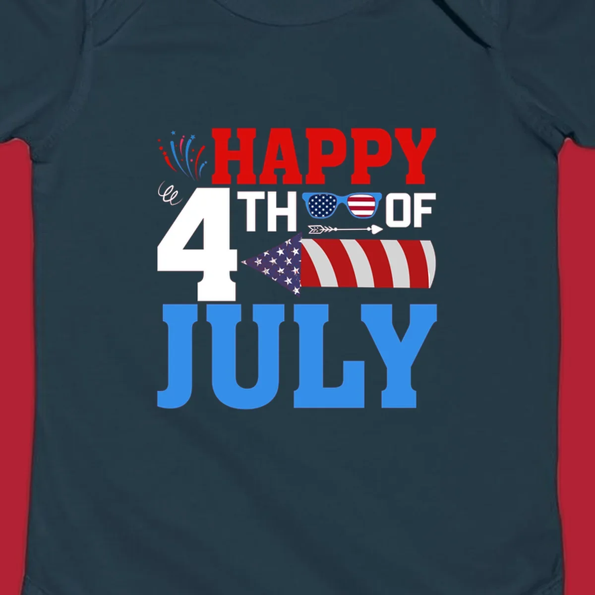 Happy 4th of July fireworks design with patriotic sunglasses and a firecracker rocket.