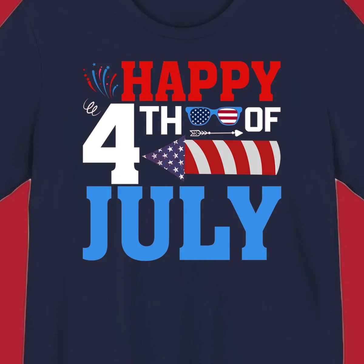 Happy 4th of July fireworks design with patriotic sunglasses and a firecracker rocket.