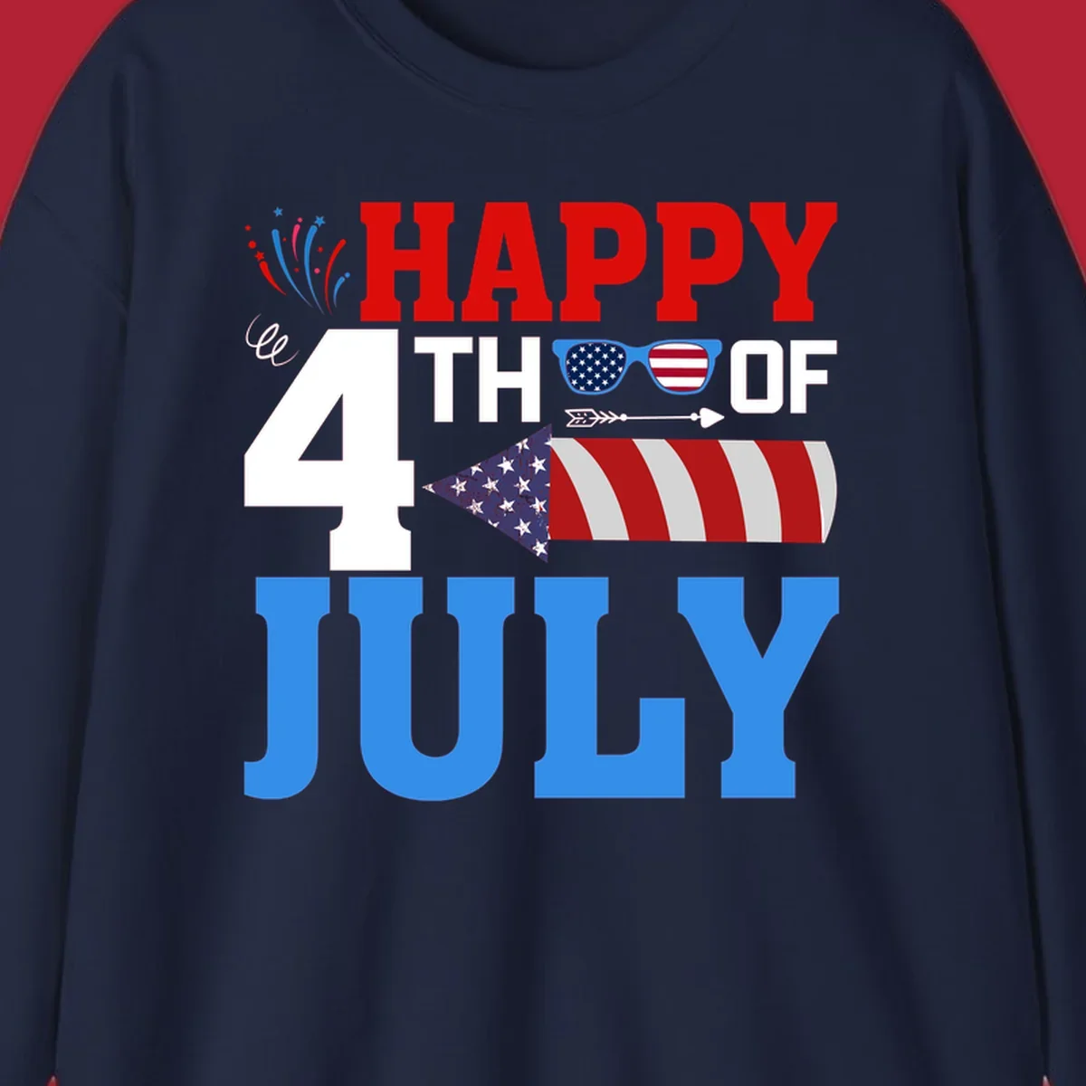 Happy 4th of July fireworks design with patriotic sunglasses and a firecracker rocket.