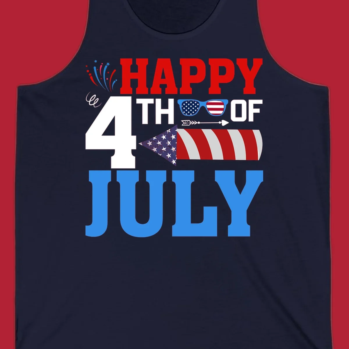 Happy 4th of July fireworks design with patriotic sunglasses and a firecracker rocket.