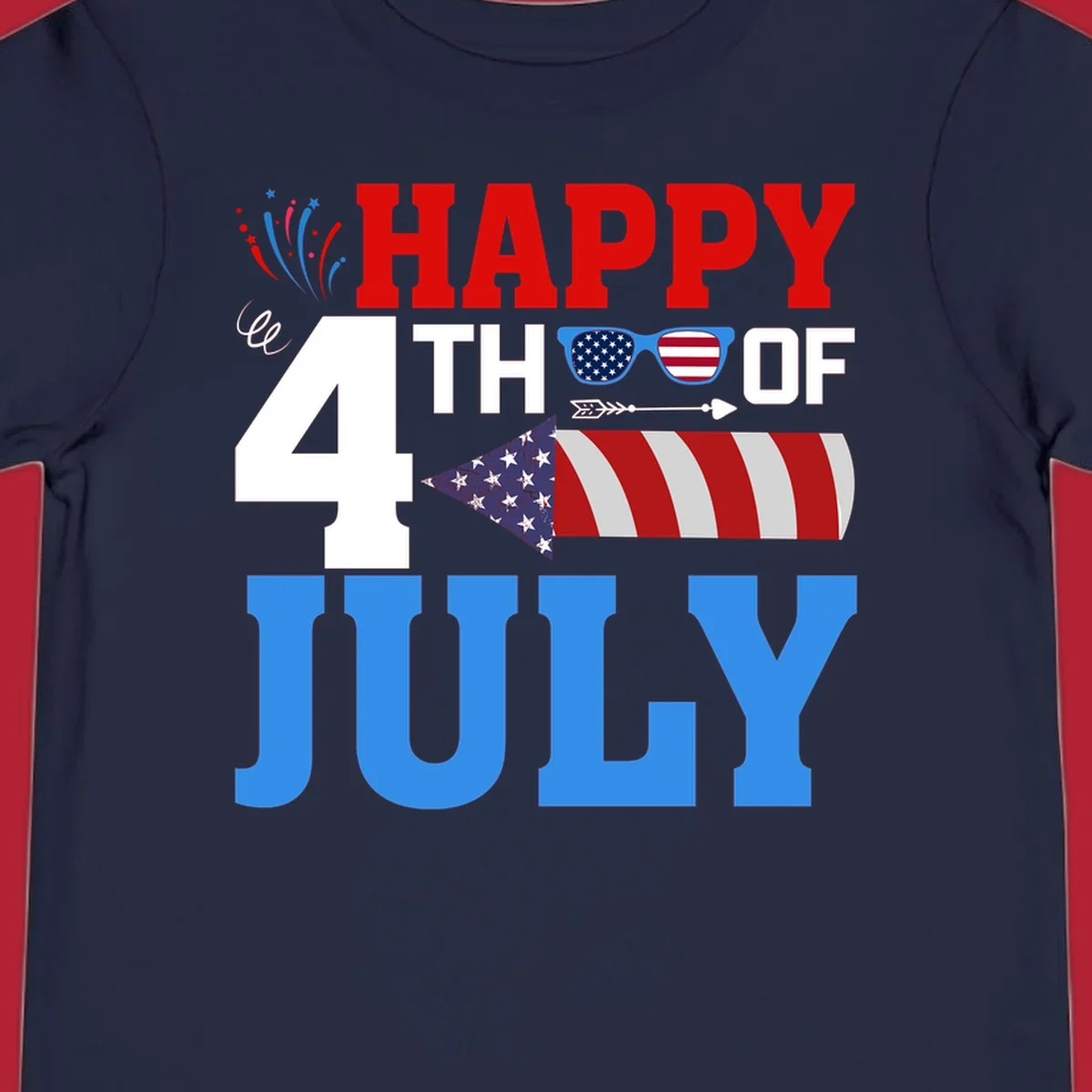 Happy 4th of July fireworks design with patriotic sunglasses and a firecracker rocket.
