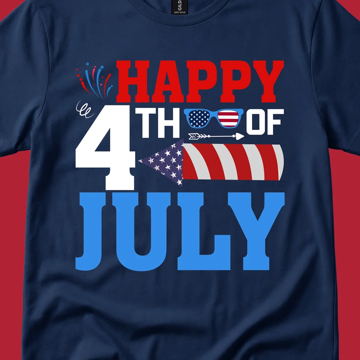 Happy 4th of July fireworks design with patriotic sunglasses and a firecracker rocket.