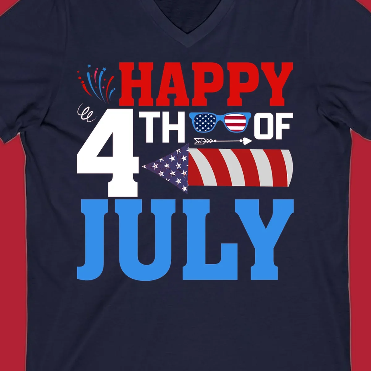 Happy 4th of July fireworks design with patriotic sunglasses and a firecracker rocket.