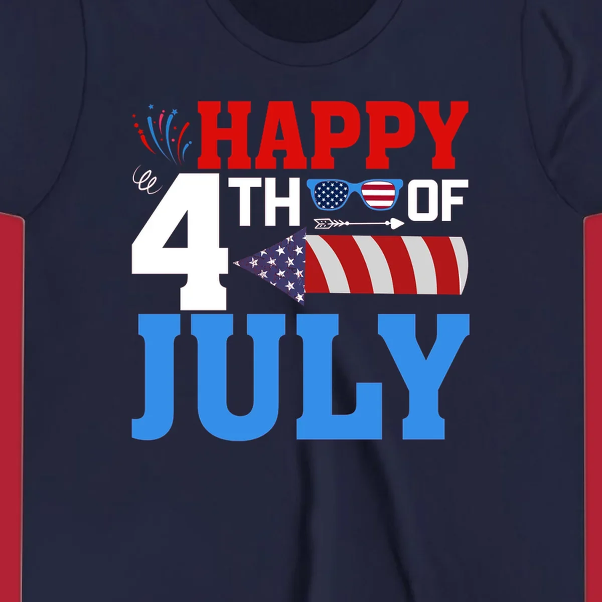 Happy 4th of July fireworks design with patriotic sunglasses and a firecracker rocket.