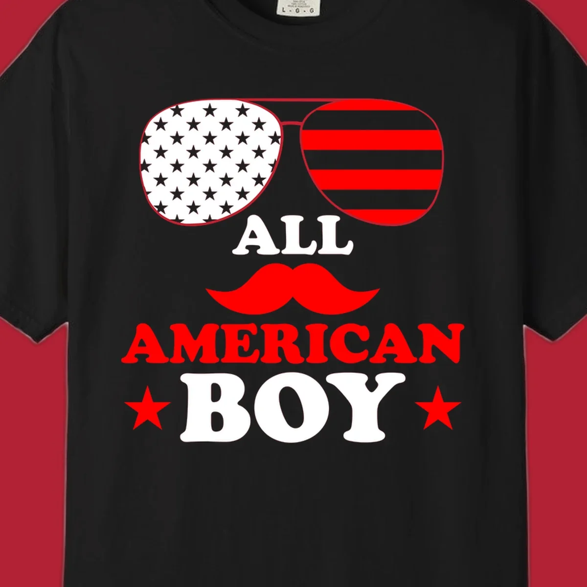 All American Boy patriotic design with aviator sunglasses featuring stars and stripes, a red mustache, and bold text.