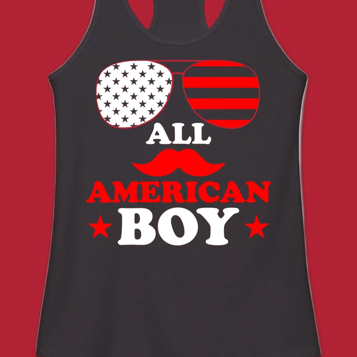 All American Boy patriotic design with aviator sunglasses featuring stars and stripes, a red mustache, and bold text.