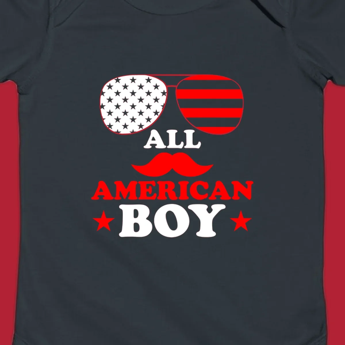 All American Boy patriotic design with aviator sunglasses featuring stars and stripes, a red mustache, and bold text.