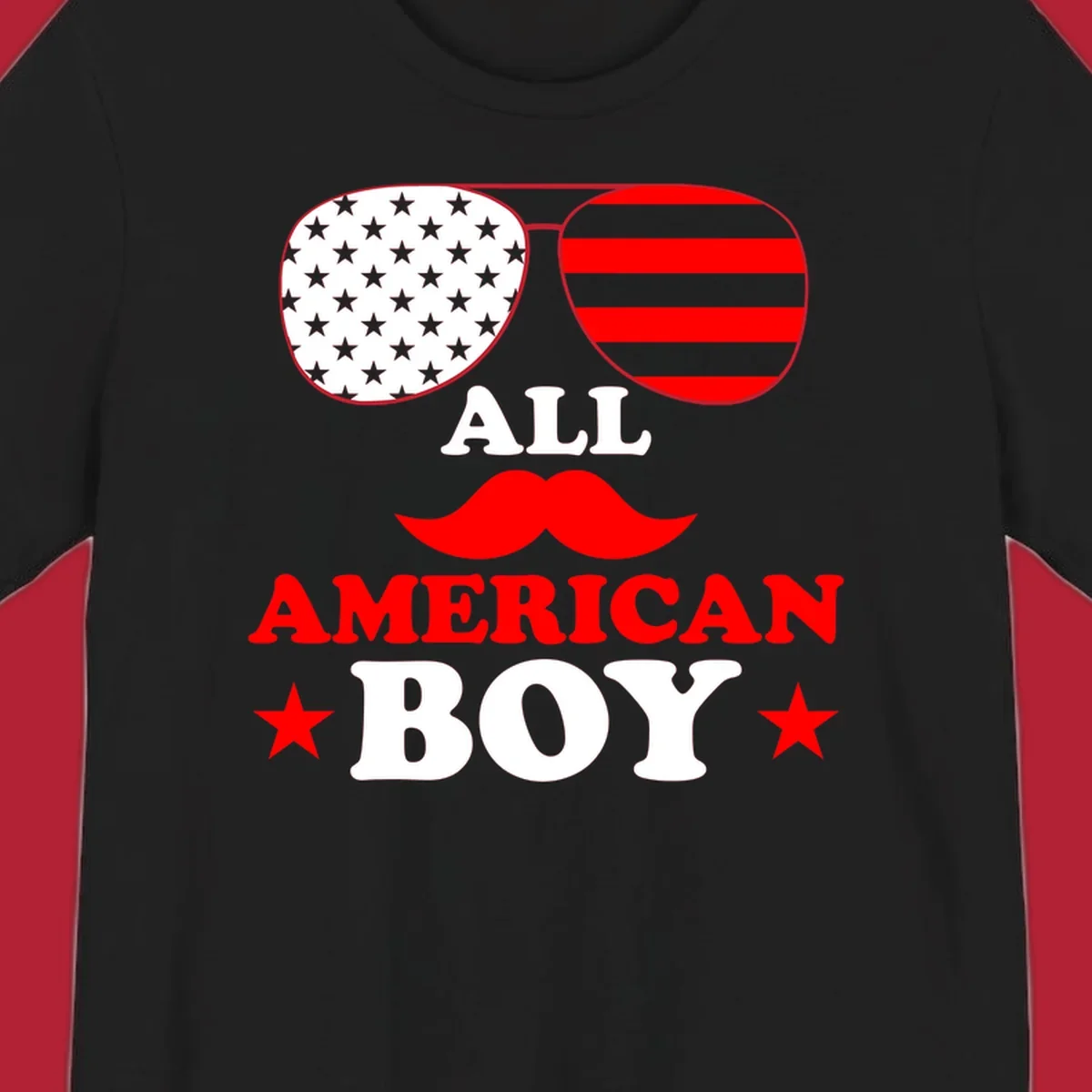 All American Boy patriotic design with aviator sunglasses featuring stars and stripes, a red mustache, and bold text.