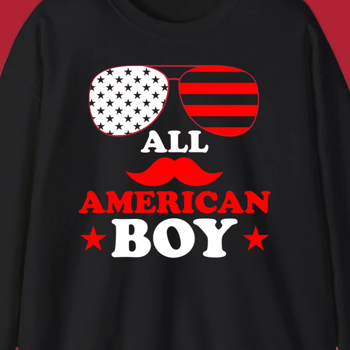 All American Boy patriotic design with aviator sunglasses featuring stars and stripes, a red mustache, and bold text.