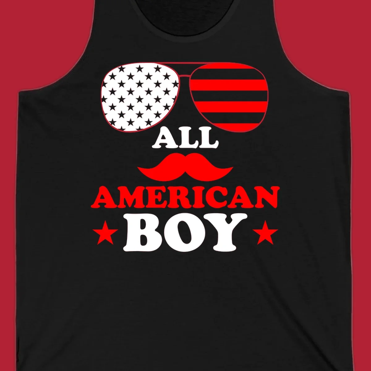 All American Boy patriotic design with aviator sunglasses featuring stars and stripes, a red mustache, and bold text.