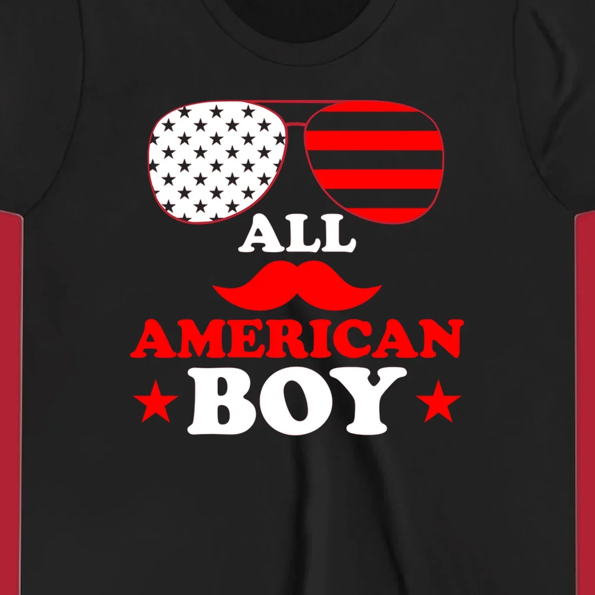 All American Boy patriotic design with aviator sunglasses featuring stars and stripes, a red mustache, and bold text.