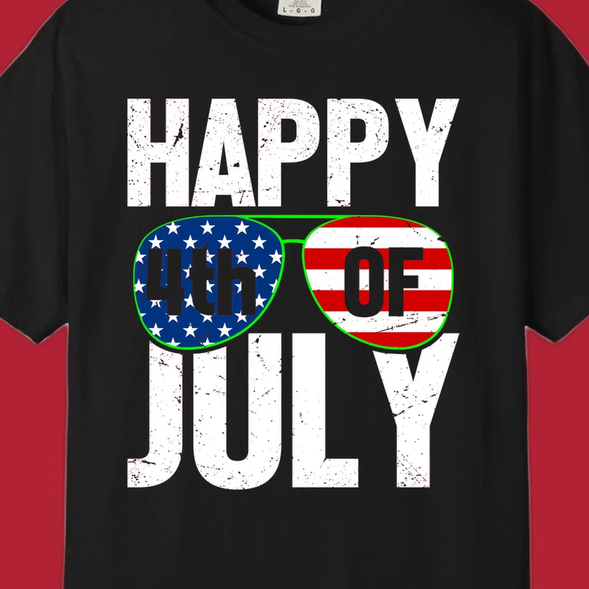 Happy Fourth of July sunglasses flag design with distressed white text and flag patterns in the lenses.