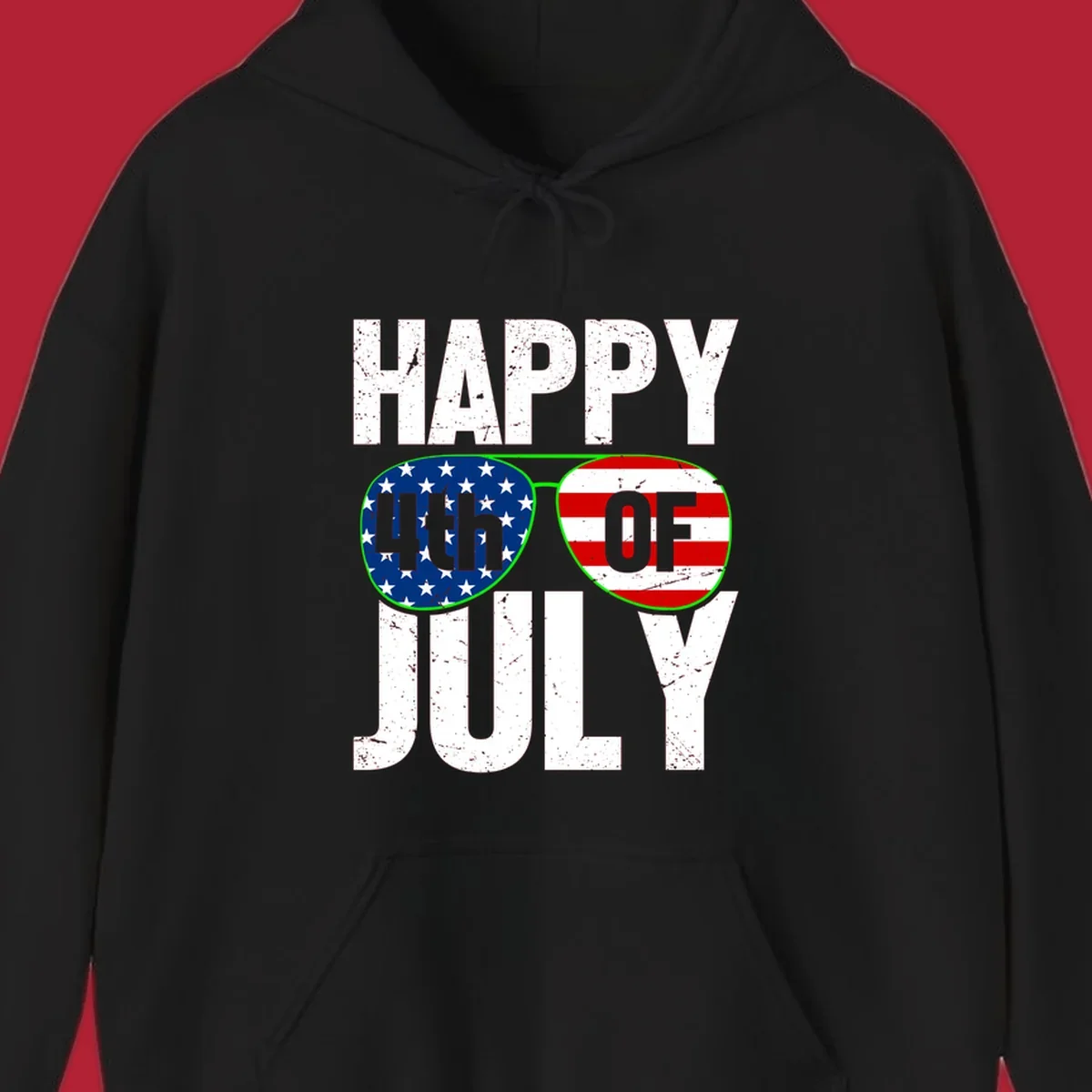 Happy Fourth of July sunglasses flag design with distressed white text and flag patterns in the lenses.