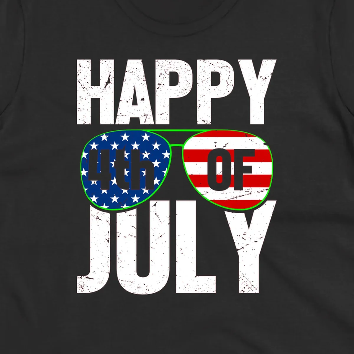 Happy Fourth of July sunglasses flag design with distressed white text and flag patterns in the lenses.