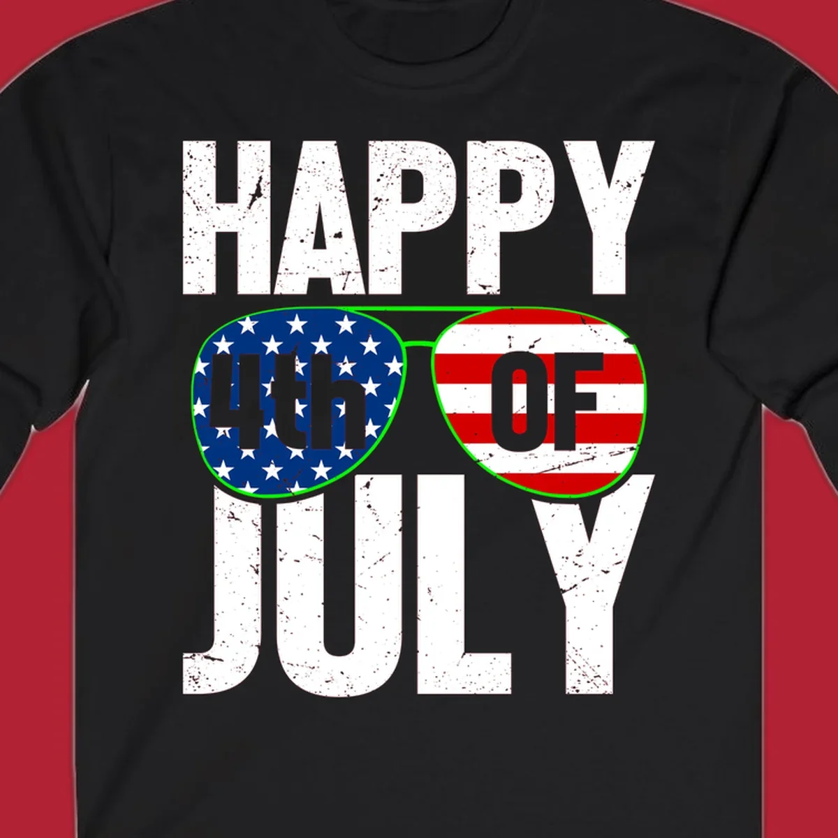 Happy Fourth of July sunglasses flag design with distressed white text and flag patterns in the lenses.