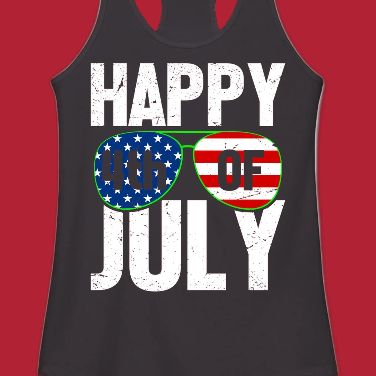 Happy Fourth of July sunglasses flag design with distressed white text and flag patterns in the lenses.