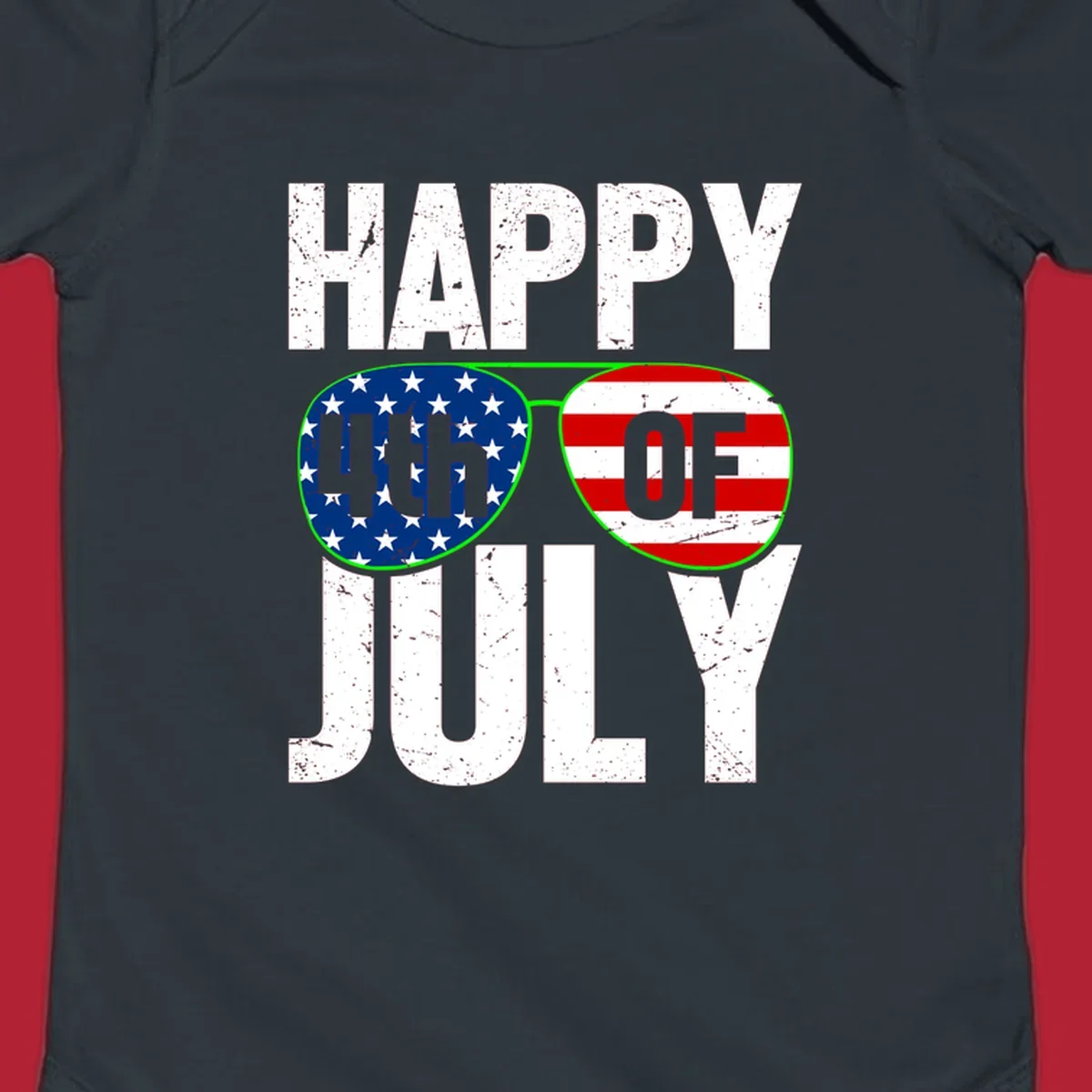 Happy Fourth of July sunglasses flag design with distressed white text and flag patterns in the lenses.
