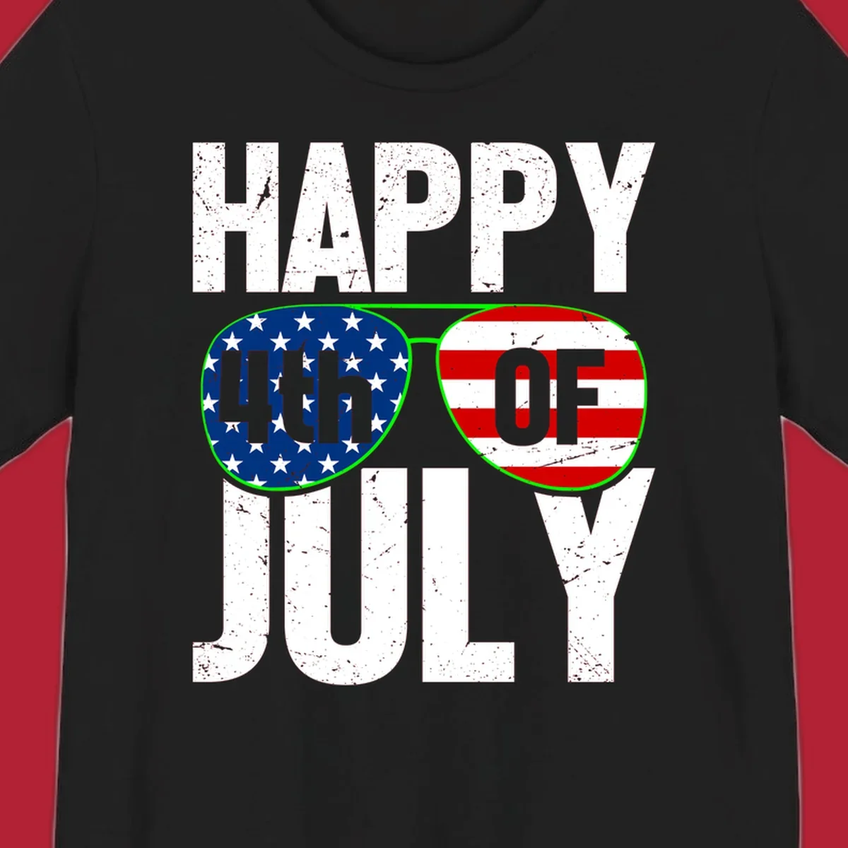 Happy Fourth of July sunglasses flag design with distressed white text and flag patterns in the lenses.