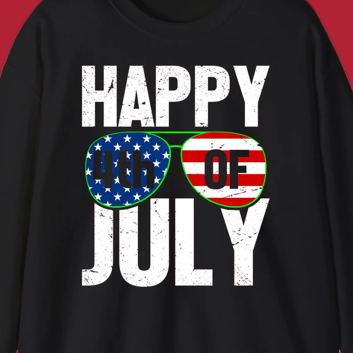 Happy Fourth of July sunglasses flag design with distressed white text and flag patterns in the lenses.