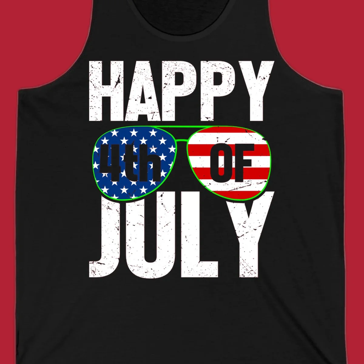 Happy Fourth of July sunglasses flag design with distressed white text and flag patterns in the lenses.