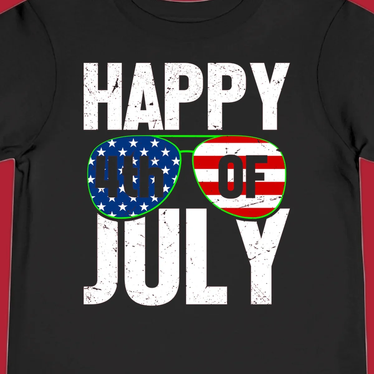 Happy Fourth of July sunglasses flag design with distressed white text and flag patterns in the lenses.