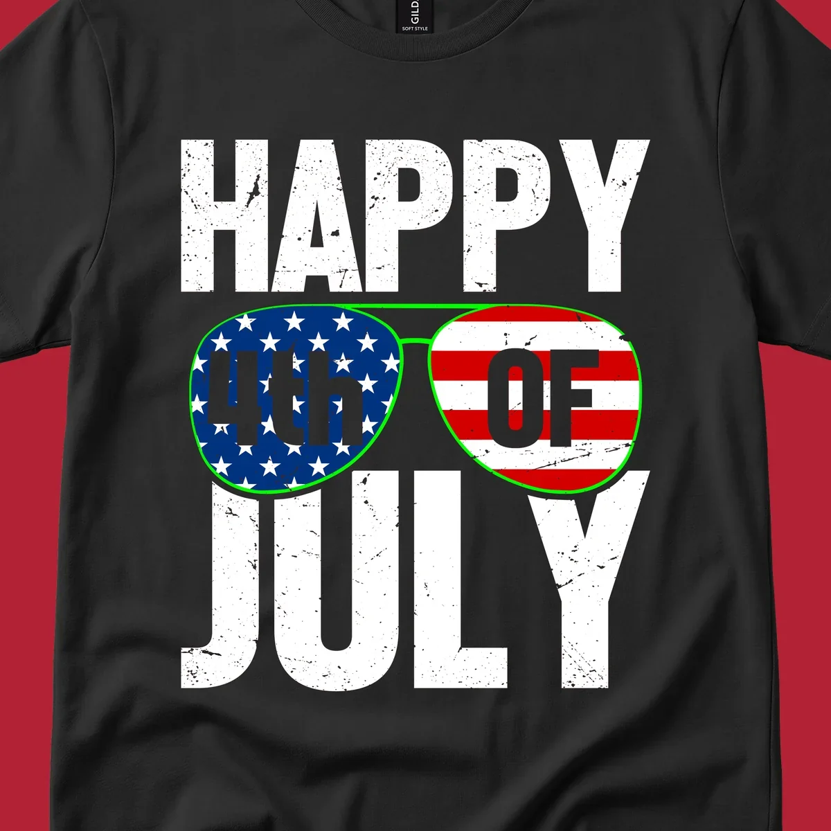 Happy Fourth of July sunglasses flag design with distressed white text and flag patterns in the lenses.