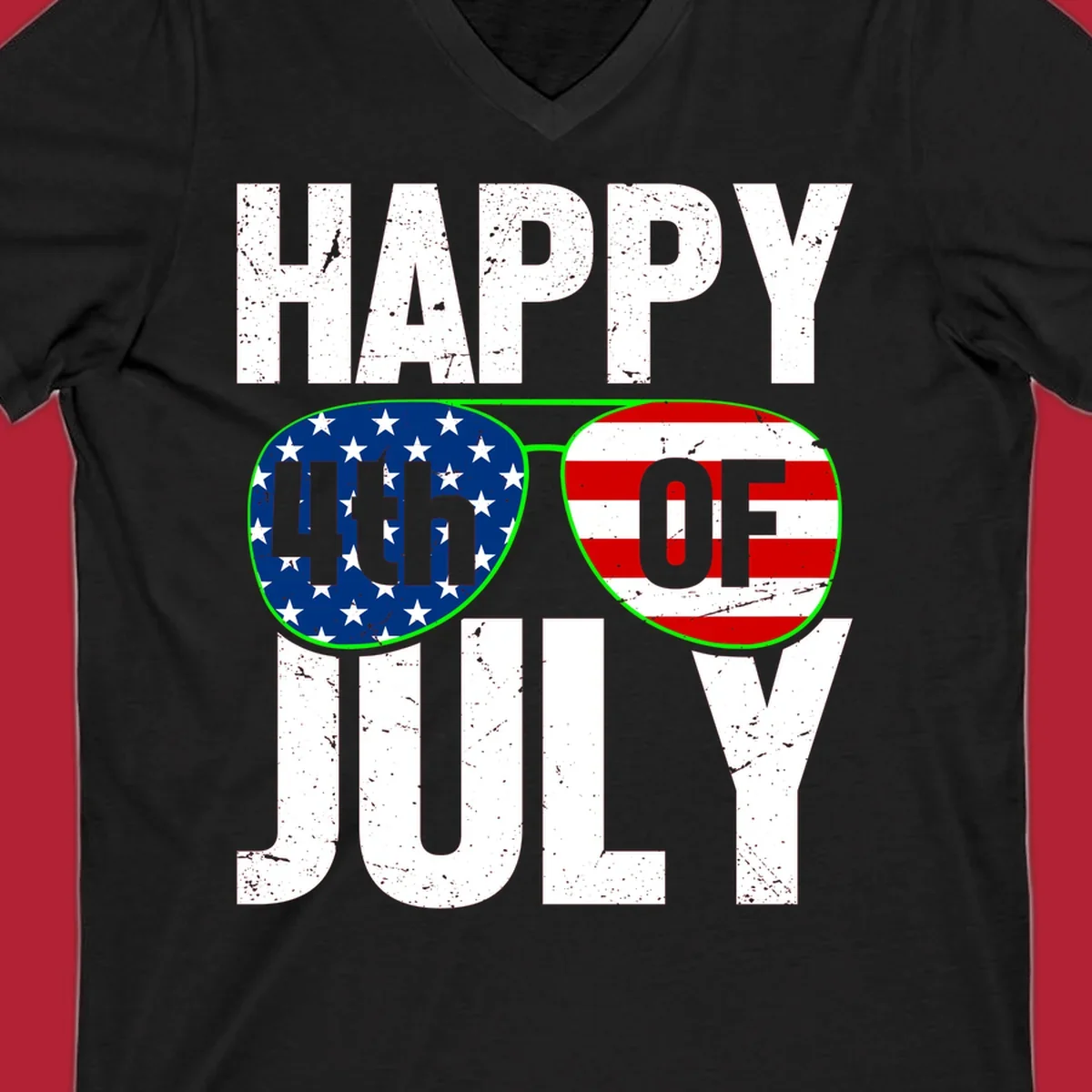 Happy Fourth of July sunglasses flag design with distressed white text and flag patterns in the lenses.