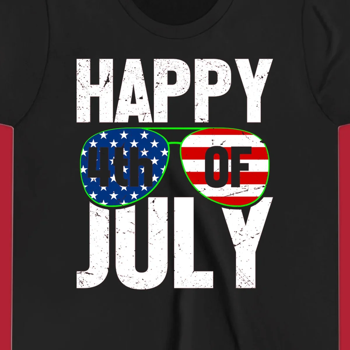 Happy Fourth of July sunglasses flag design with distressed white text and flag patterns in the lenses.