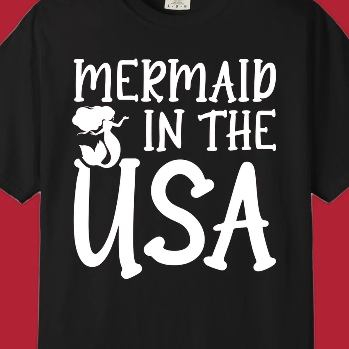 A white graphic features a mermaid illustration and the text 'MERMAID IN THE USA' for a patriotic mermaid design.