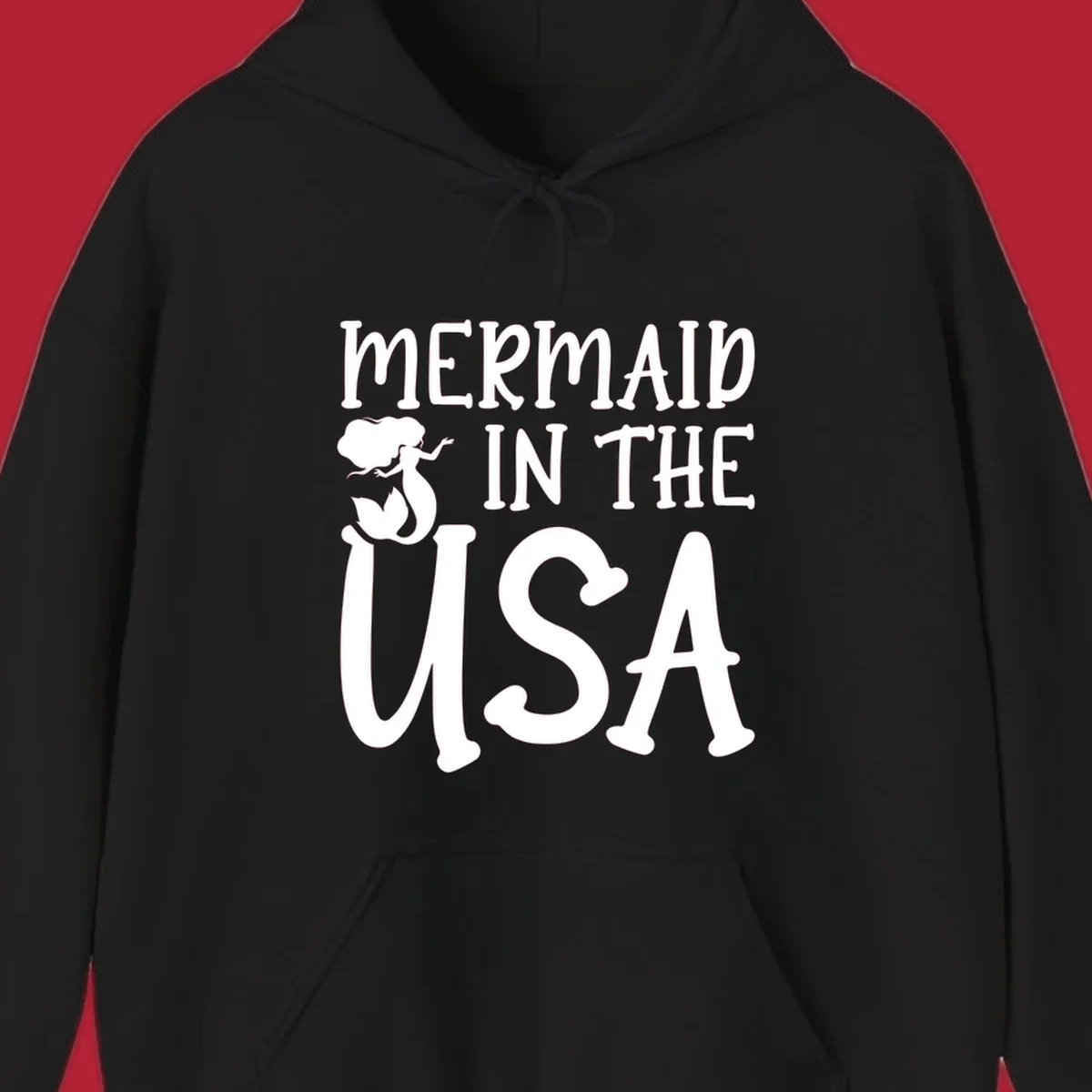 A white graphic features a mermaid illustration and the text 'MERMAID IN THE USA' for a patriotic mermaid design.