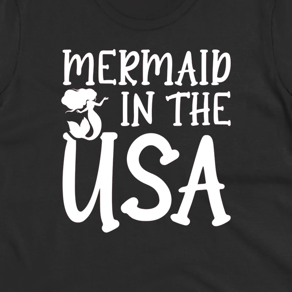 A white graphic features a mermaid illustration and the text 'MERMAID IN THE USA' for a patriotic mermaid design.
