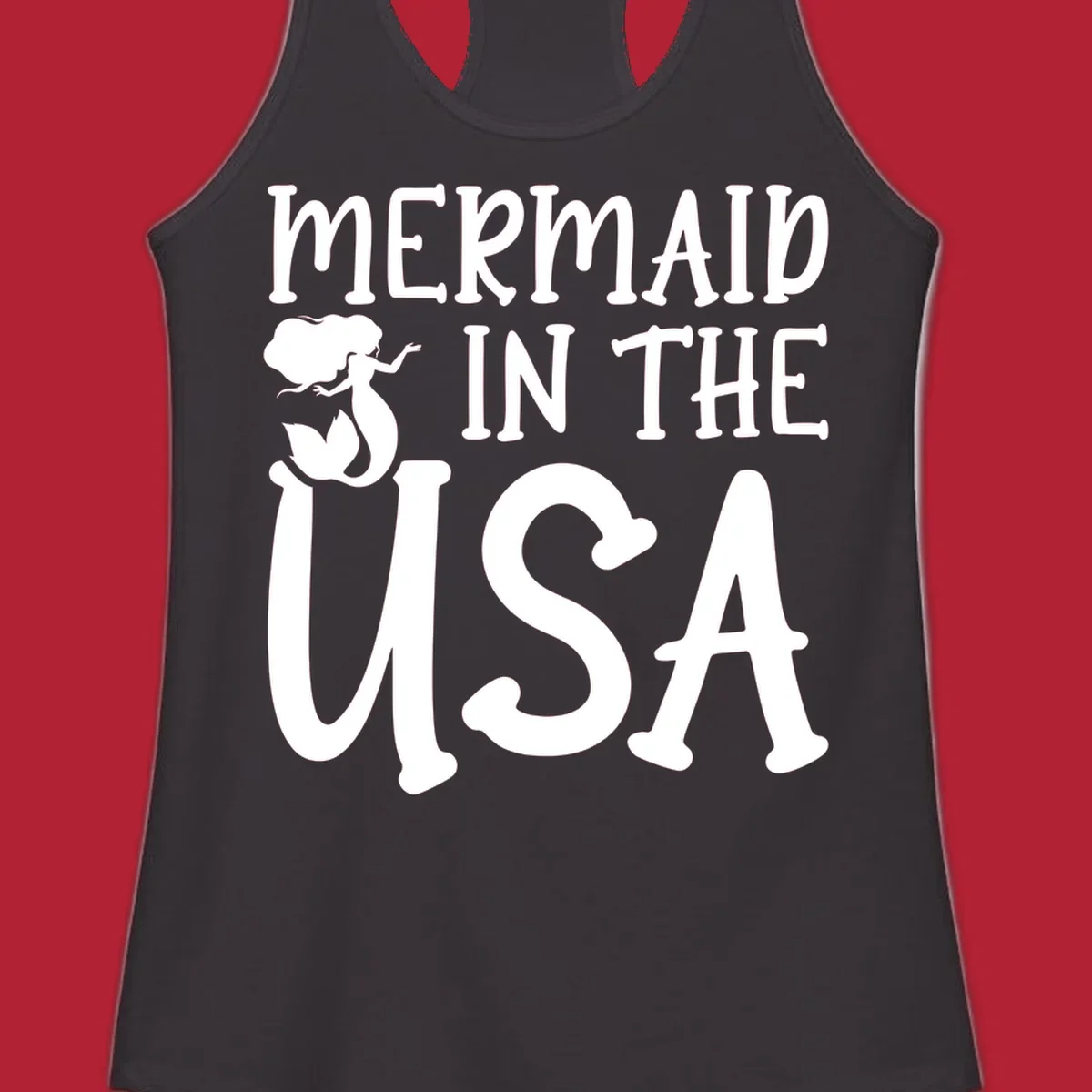 A white graphic features a mermaid illustration and the text 'MERMAID IN THE USA' for a patriotic mermaid design.