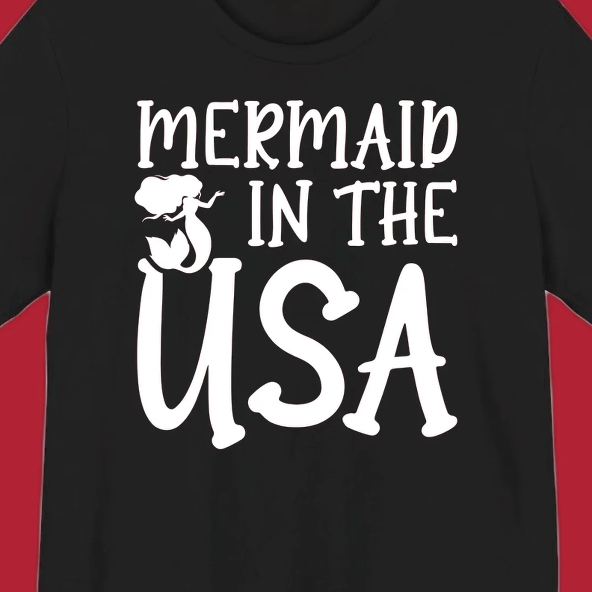 A white graphic features a mermaid illustration and the text 'MERMAID IN THE USA' for a patriotic mermaid design.